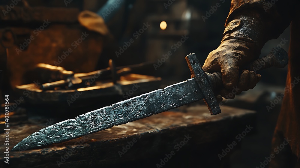 A handcrafted, etched sword held in a blacksmith's weathered hand. A handcrafted, etched sword held in a blacksmith's weathered hand.