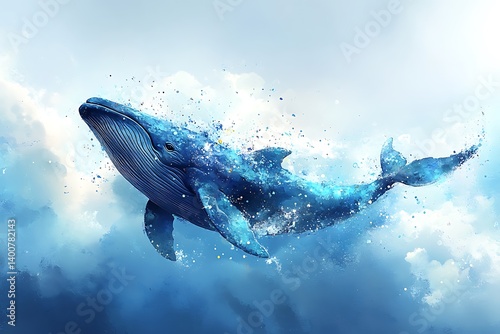 Whimsical whale silhouette painted with grunge ink and water splashes, floating in sky, clouds as backdrop, soft blue tones, dreamlike vector art