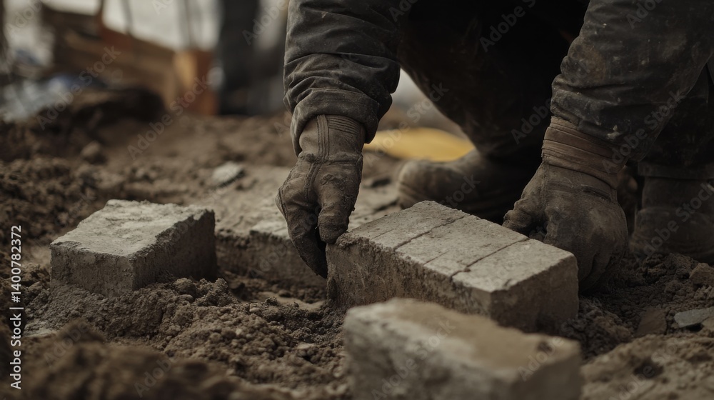 Fototapeta premium Mason working on laying the foundation stones for a building. Featuring craftsmanship and strength