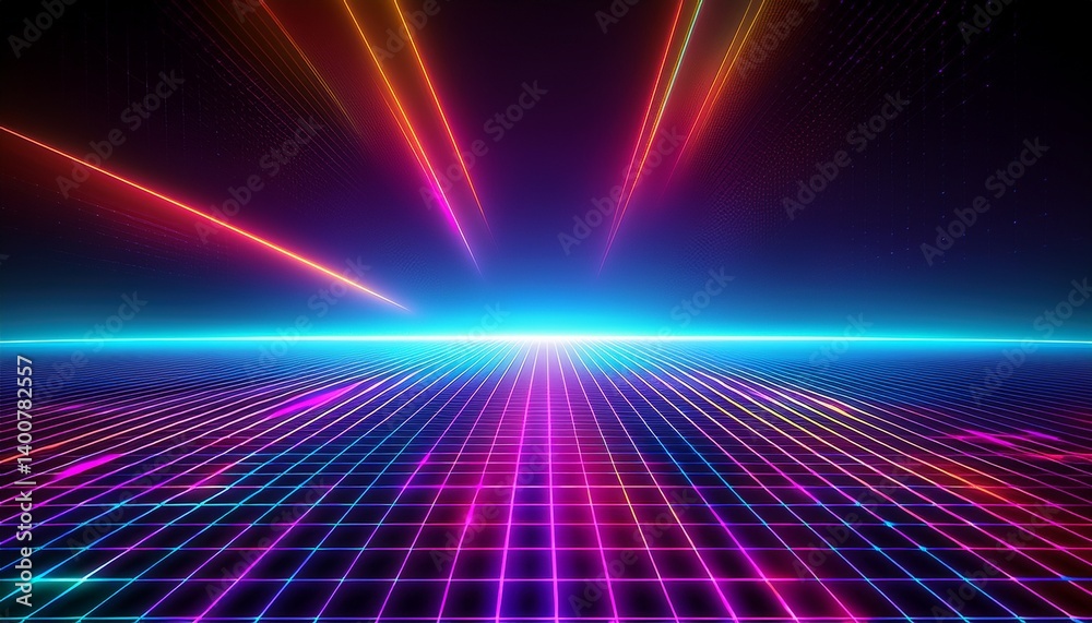 Obraz premium futuristic neon glowing grid perspective background