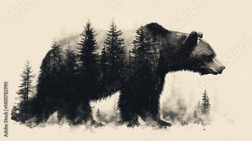Wild bear made from ink grunge patches and rough brush fills, side profile, snow-covered forest background, subtle vignette, vector style