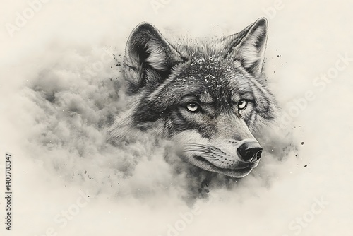 Wild wolf, ink splash, raw texture, bold silhouette, dramatic lighting, snowy landscape, powerful stance.