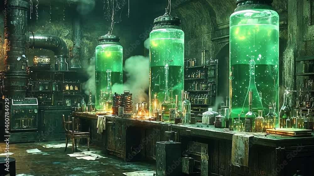 A dimly lit laboratory filled with green bubbling liquids in large jars, showcasing an eerie atmosphere