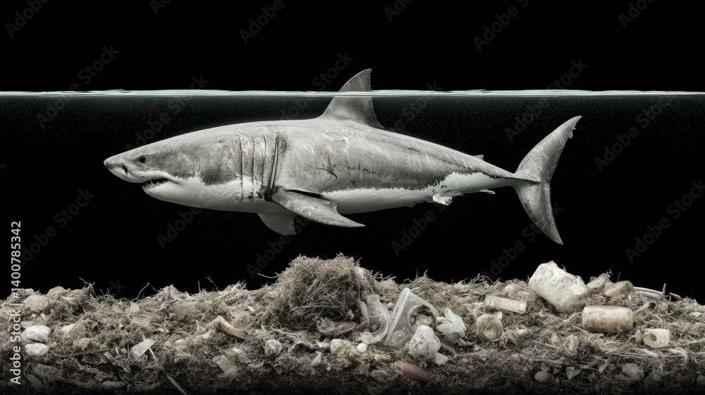 Great white shark swimming above seabed littered with plastic waste highlighting marine pollution threat