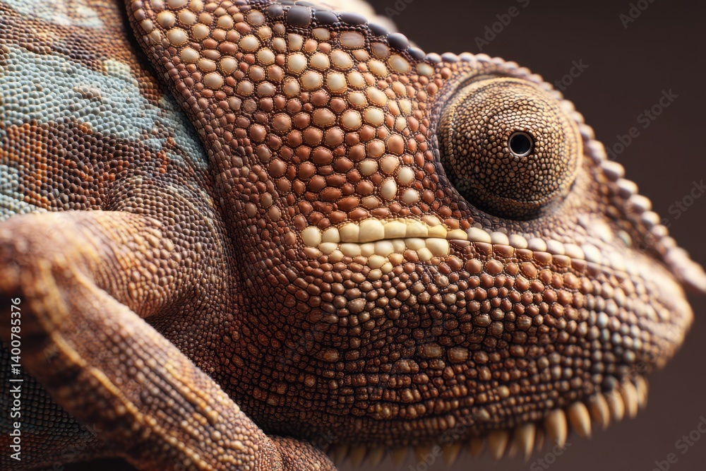 Obraz premium Intricate hexagonal scales cover the chameleon's skin, displaying a stunningly detailed macro view with subtle shadows and smooth exposure.