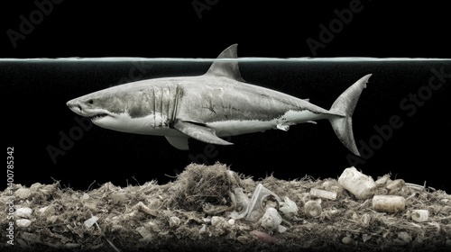 Great white shark swimming above seabed littered with plastic waste highlighting marine pollution threat