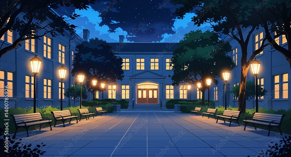 Fototapeta premium nighttime campus courtyard with glowing lanterns and empty benches anime cartoon style illustration artwork design background