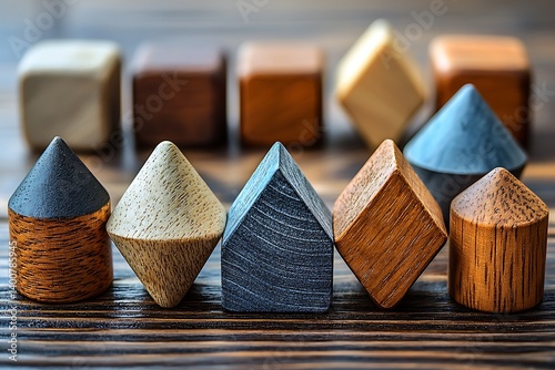 Wooden geometric shapes, arranged composition, even studio lighting, flat lay.