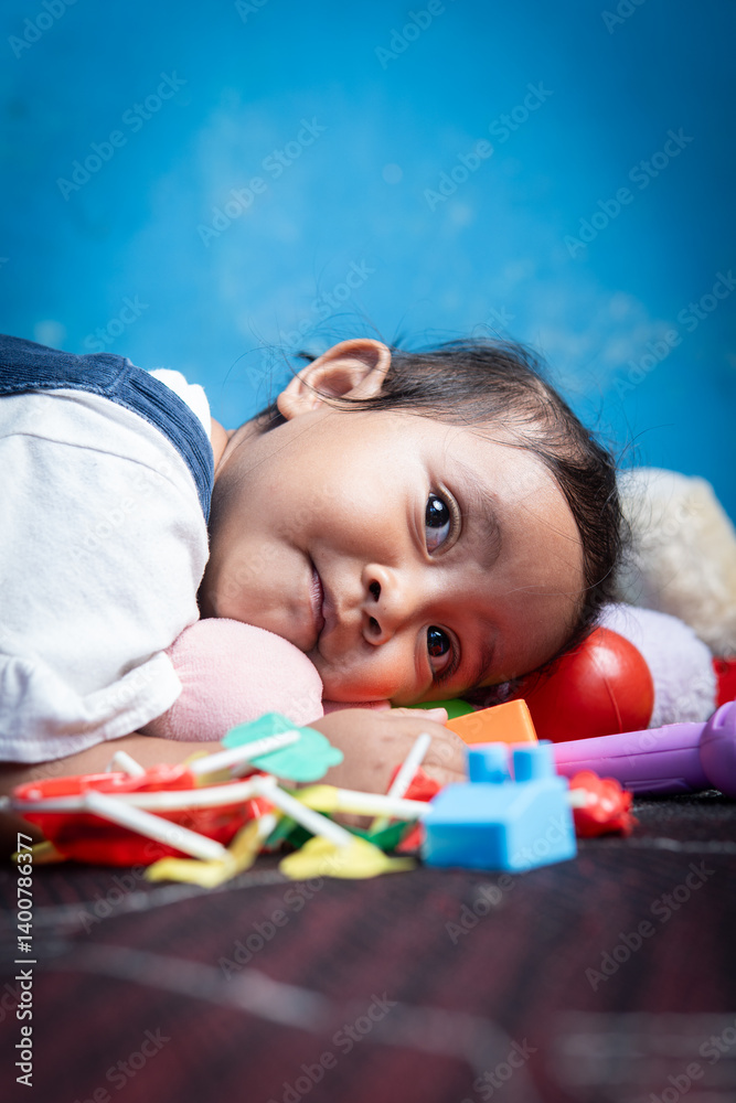 Obraz premium An Asian toddler girl lies on her stomach, appearing tired after playtime. A soft and quiet moment reflecting the calm and natural side of childhood.