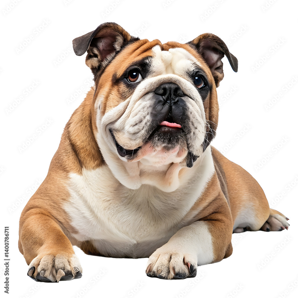 Obraz premium Cute brown and white English bulldog puppy, a purebred canine pet, sitting isolated