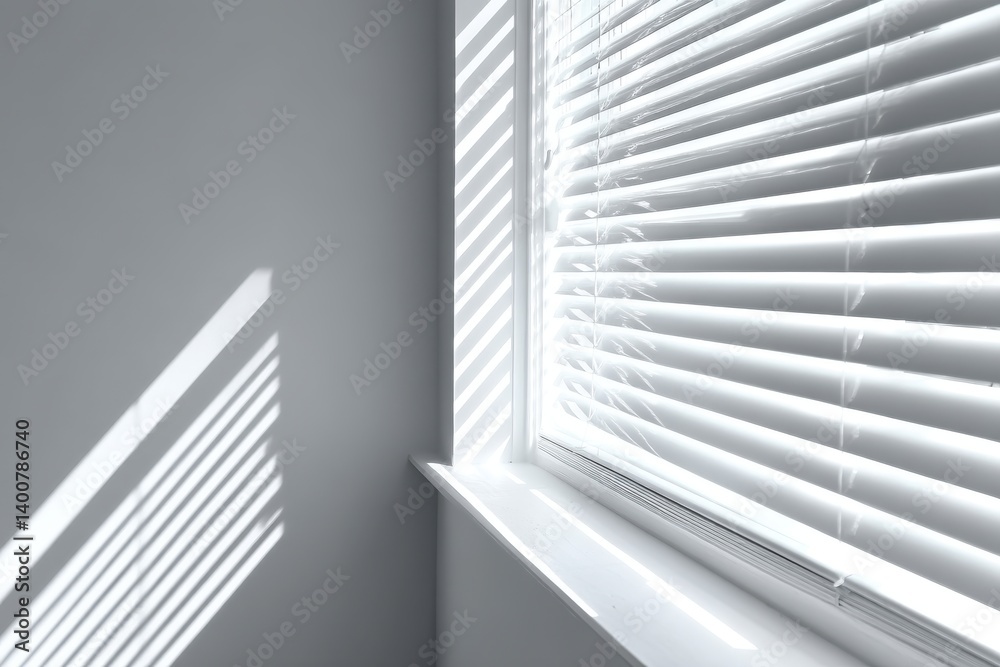 Shadows and Light: A modern window is bathed in a play of shadows and light from the blinds, the image evoke a minimalist aesthetic and the interplay of light and shade. Shadows and Light: A modern window is bathed in a play of shadows and light from the blinds, the image evoke a minimalist aesthetic and the interplay of light and shade.