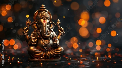 Bronze statue of Lord Ganesha illuminated by golden lights surrounded by festive sparkles.
