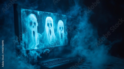 Ghosts screaming on monitor display in a dark room filled with smoke