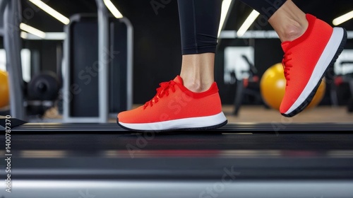 Wallpaper Mural Close-Up of Bright Red Athletic Shoes Running on Treadmill in a Gym from User's Perspective, Captu Feet in Motion and Vibrant Color Detail Torontodigital.ca