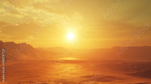 Golden Hour Desert Sunset: A Breathtaking Panorama of Mountains and Sun