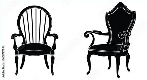 
Black silhouettes of vintage armchairs vector. Traditional wooden chairs silhouettes vector