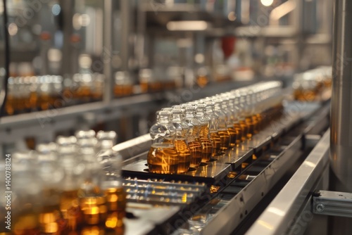 row of glass beer bottles on a conveyor belt in a modern brewery production line photo