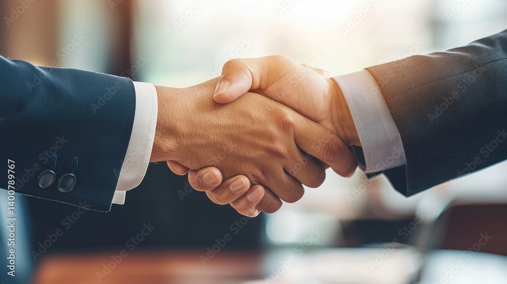 Two professionals sealing a deal with a handshake in an executive suite. Two professionals sealing a deal with a handshake in an executive suite.