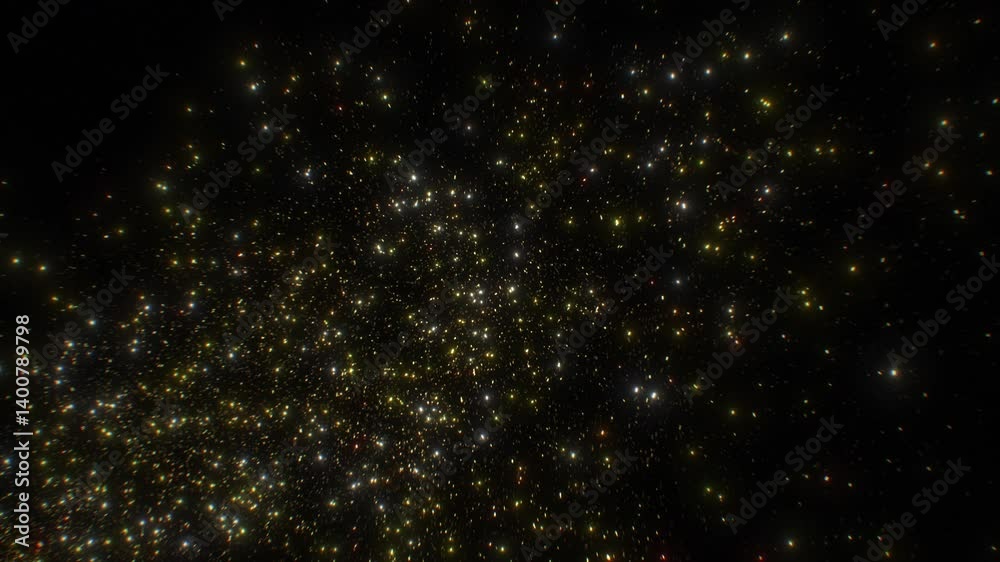 Gold Particles Firecracker Explosion from Left Side Slow Motion Black Background. Abstract Golden Color Confetti Close-up Flowing 3d Animation. Isolated Twinkling Sparks Design Element Concept 4k.