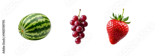Set with watermelon, grape, strawberry, fresh ripe fruits collection isolated on transparent background