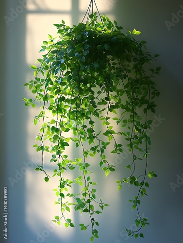 Young spider plant, hanging from a thin wire, diffused light, soft shadows, clean, minimalist setting, smooth white wall.