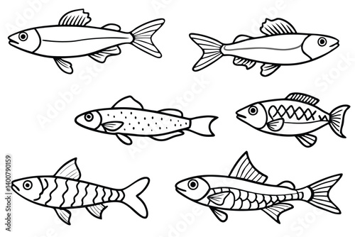 set of guppy fish line art 