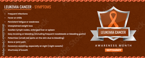 Original Leukemia Cancer ribbon with Symptoms, Shield Design with Pattern Based Background.