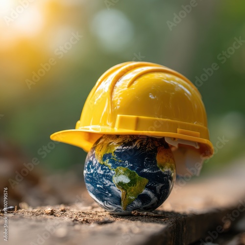 Protecting our planet.  A miniature Earth, covered by a hard hat, symbolizes environmental responsibility and sustainable practices