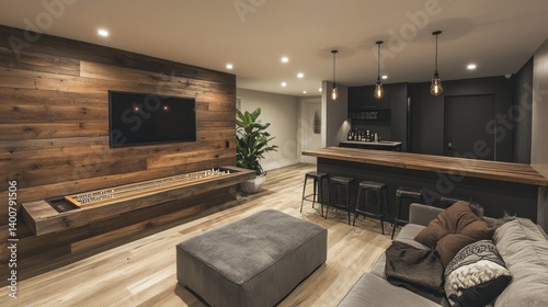 Rustic Modern Game Room Design: Reclaimed Wood Walls, Entertainment Center, and Bar