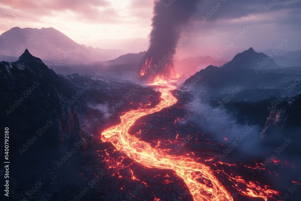 Fototapeta premium Molten lava flows from a volcanic fissure, illuminating the surrounding terrain with a fiery glow and plumes of smoke against a dramatic horizon.