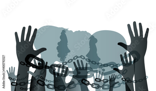 Outstretched arms in protest.
 Silhouettes of hands in chains. Vector illustration.