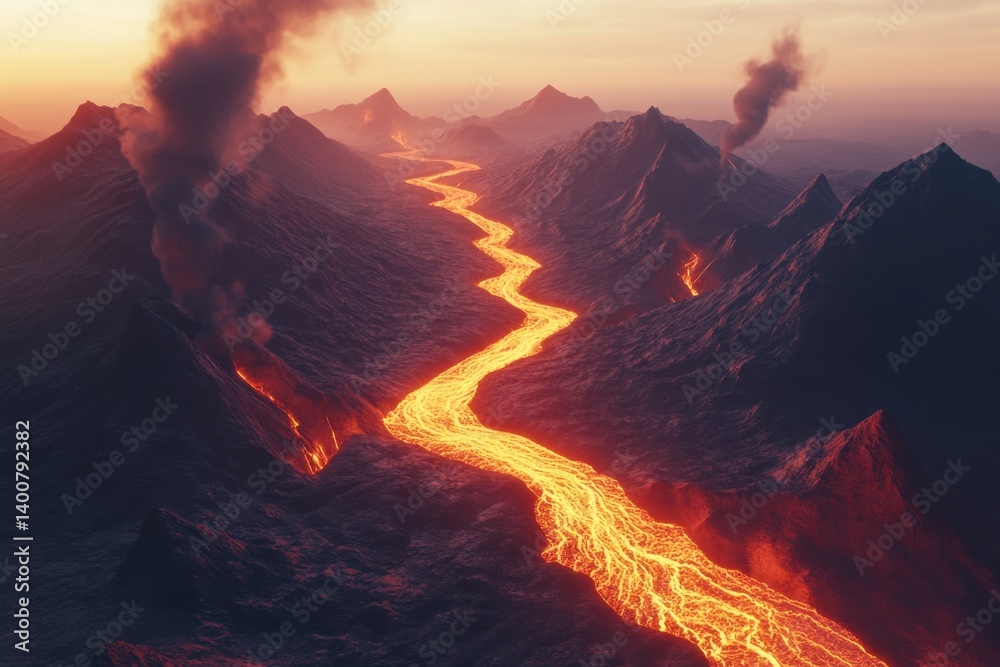 Fototapeta premium Molten lava surges from a volcanic crack, illuminating the surrounding terrain in a fiery red-orange glow amidst rising smoke.