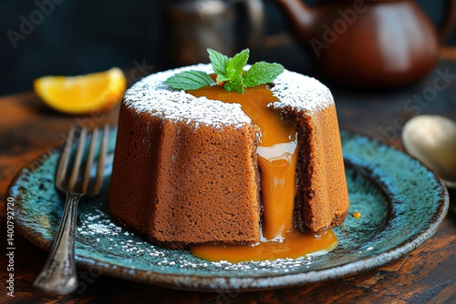 A warm Thai tea lava cake with oozing tea flavor in high fidelity resolution.
