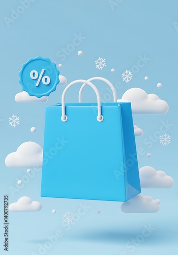Obraz na płótnie Blue Shopping Bag with Winter Discount Offer banner w salonie