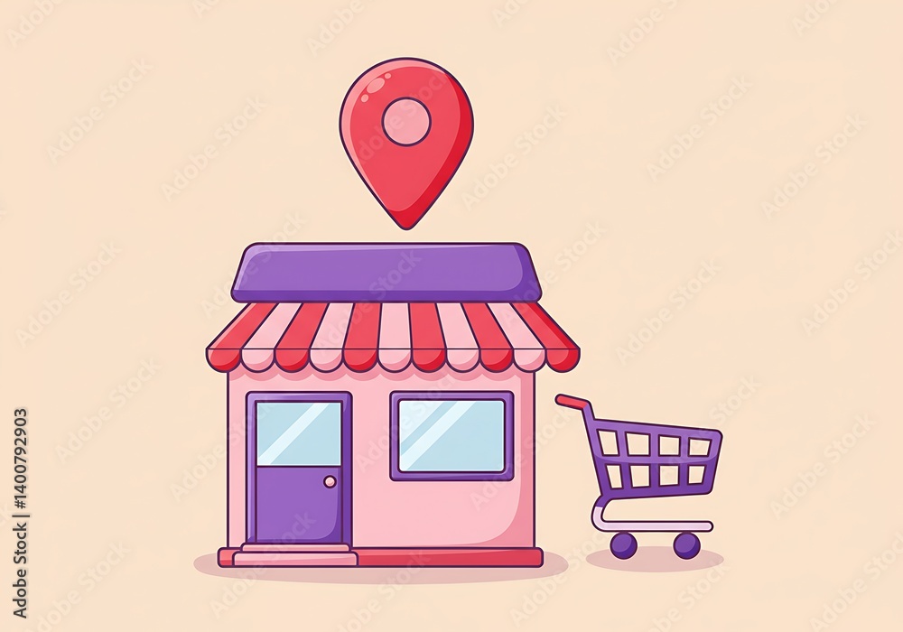 Cute Cartoon Shop Location with Shopping Cart