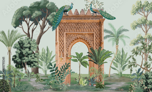 Traditional Mughal Garden Wall Illustration, Mughal Garden, Peacock, Watercolor Background.