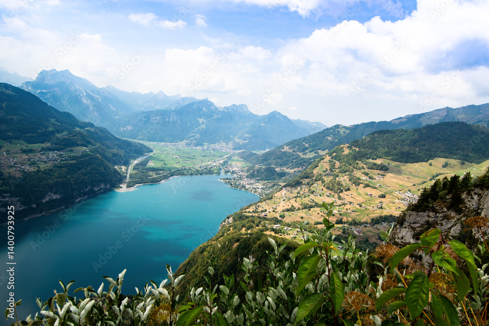 Beautiful view over the Walensee near Amden in Switzerland from a vantage point on a sunny summer's day. Beautiful view over the Walensee near Amden in Switzerland from a vantage point on a sunny summer's day.