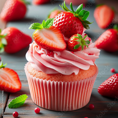 Delicious Strawberry Cupcake with Pink Frosting and Fresh Fruit Topping
