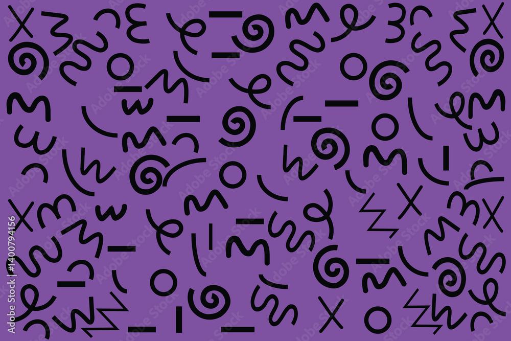 Memphis geometric seamless pattern. Monochrome abstract background in retro 80s, 90s style with various shapes circles, semicircles, dots, zigzags, spirals, wavy lines. Cute kid doodle design. black Memphis geometric seamless pattern. Monochrome abstract background in retro 80s, 90s style with various shapes circles, semicircles, dots, zigzags, spirals, wavy lines. Cute kid doodle design. black