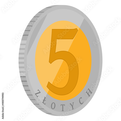 5 zloty coin pln polish currency Poland 3d cartoon money 30 degree angle illustration on transparent background
