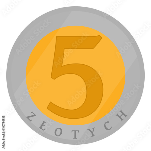 5 zloty coin pln polish currency Poland cartoon money flat illustration on transparent background