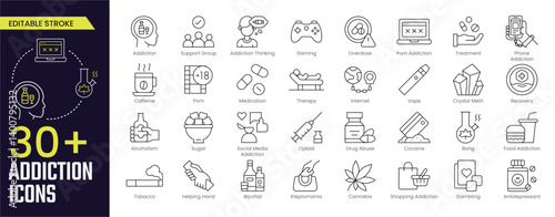 Addiction Stroke icon collections. Containing Gaming, Addiction, Overdose, Treatment, Phone Addiction, Medication, Sugar, and Alcoholism icons. Editable Stroke icon collection Outline icon