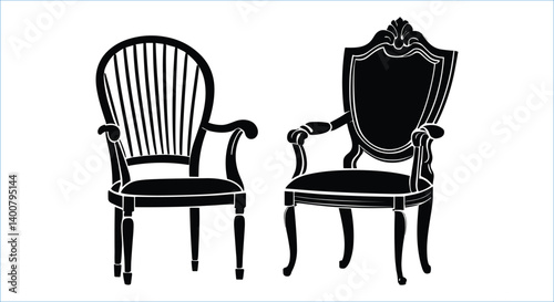 Black silhouettes of vintage armchairs vector. Traditional wooden chairs silhouettes vector
