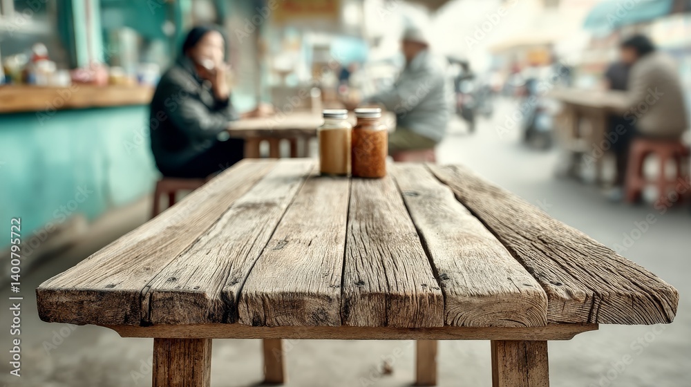 Bar, Rustic wooden table with condiments at vibrant street food stall ideal for culinary lifestyle visual