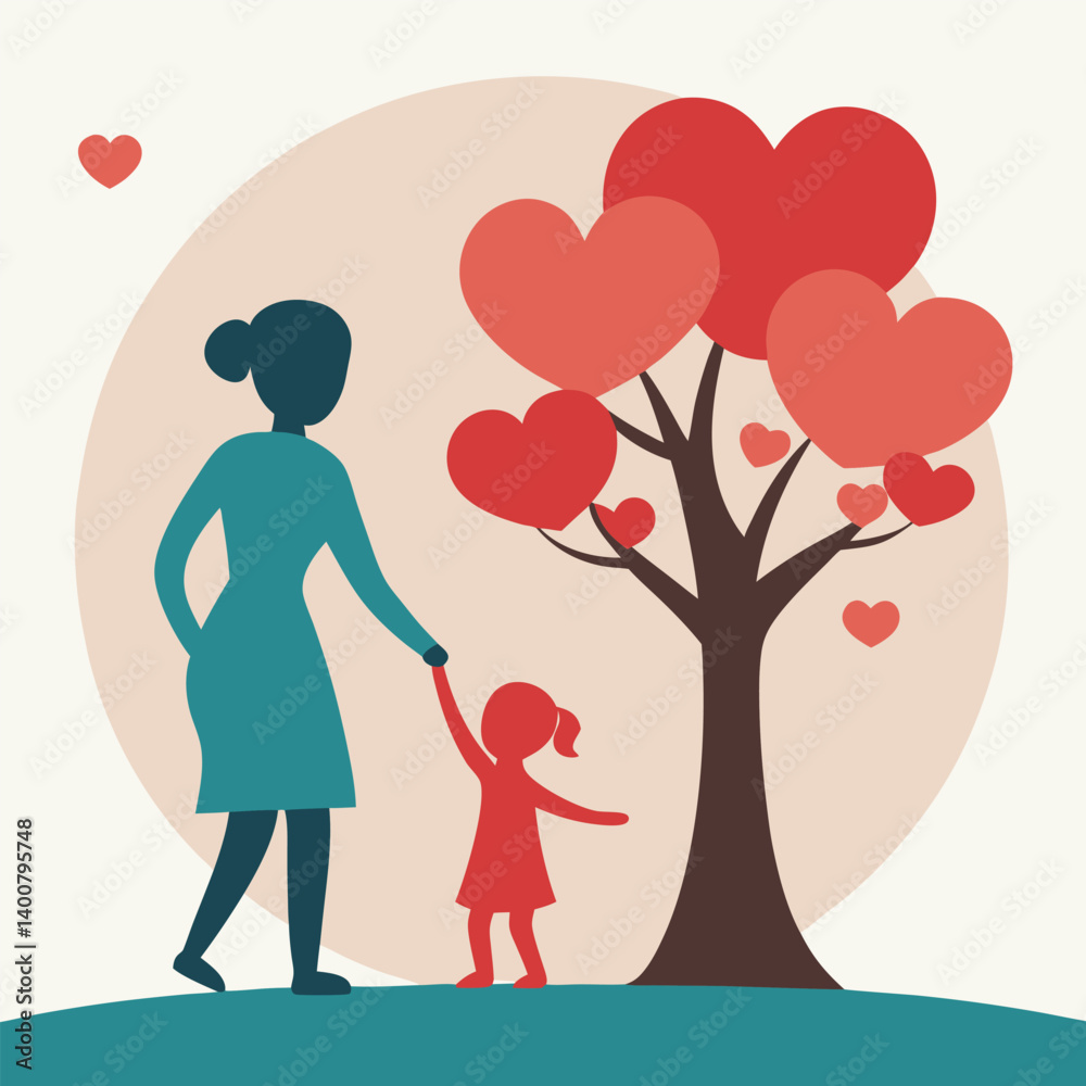Minimalist mother child scene with heart symbols. Minimalist mother child scene with heart symbols.