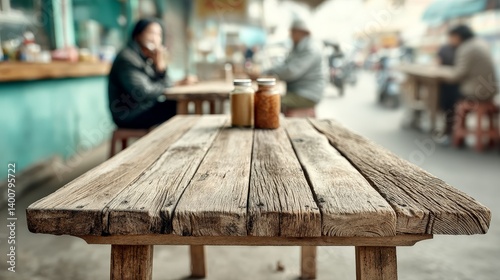 Obraz na płótnie Bar, Rustic wooden table with condiments at vibrant street food stall ideal for culinary lifestyle visual w salonie