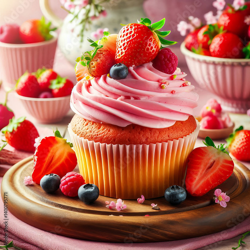 Delicious Strawberry Cupcake with Pink Frosting and Fresh Fruit Topping