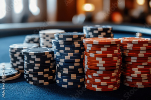 Pile of poker chips on table, various colors, stacks unevenly, with cards and blurred casino background, inviting a game of chance and strategy.