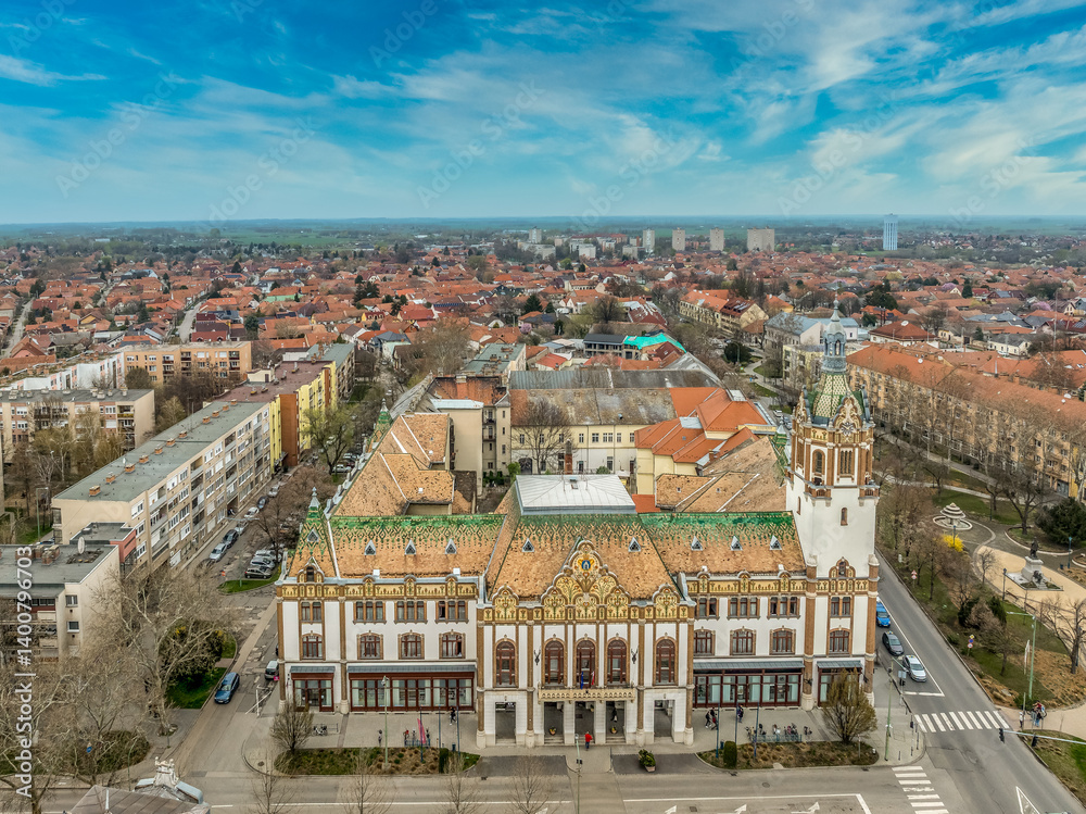 Aerial view of Kiskunfelegyhaza town center with impressive Art Nouveau city hall building covered with Zsolnay ceramics
