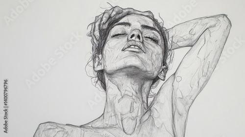 Serene female portrait, graphite sketch, detailed shading, relaxed pose